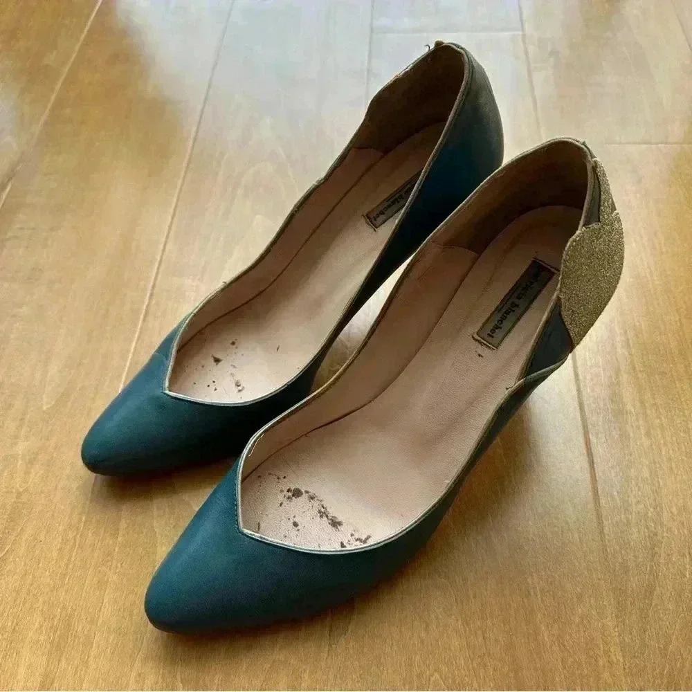 Patricia Blanchet Teal Leather Kitten Heels with Gold Glitter Spade, Size 8.5